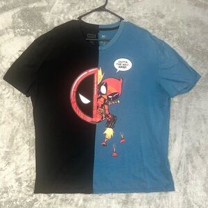Marvel Deadpool Split Graphic T-Shirt Black Blue Comic Tee Adult